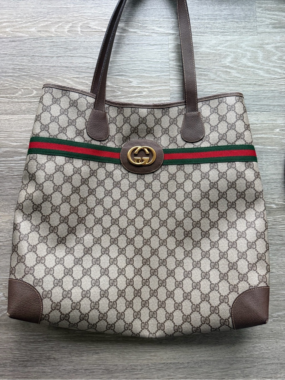 Vintage Gucci Brown GG Canvas Tote with Green and Red Web Stripe